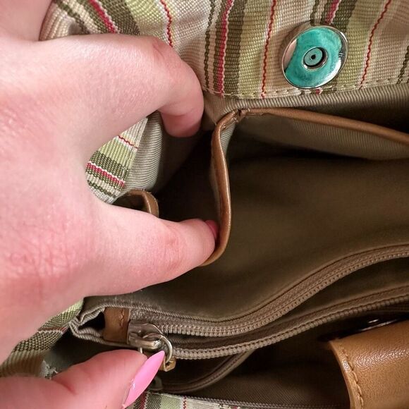 Fossil Y2K Striped Canvas Shoulder Bag Tote Green Brown Boho Casual Everyday - Picture 8 of 10